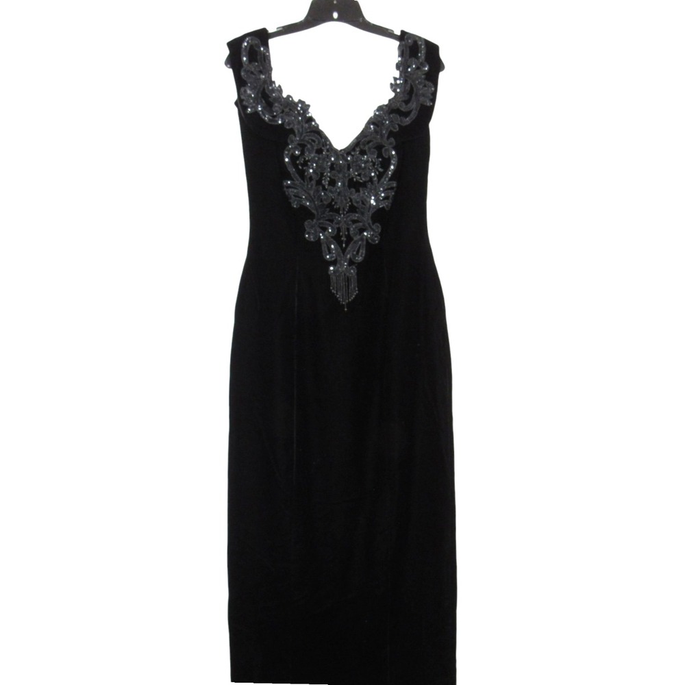 VTG CACHE' Black VELOUR Sequins/Beaded Tassels BACK SLIT Evening SHEATH DRESS 8